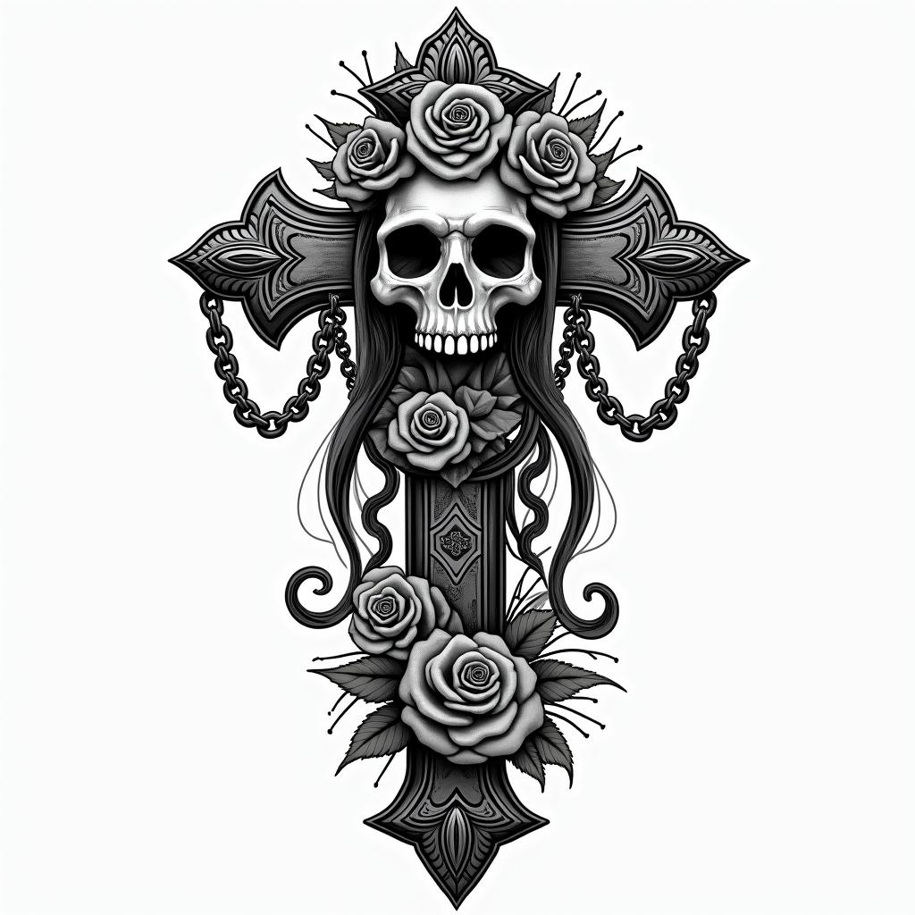 Big tits princess peachin chicano style tattoo, featuring intricate black and grey shading, bold elements of traditional chicano culture symbols, add a big cross with skull, chains and roses