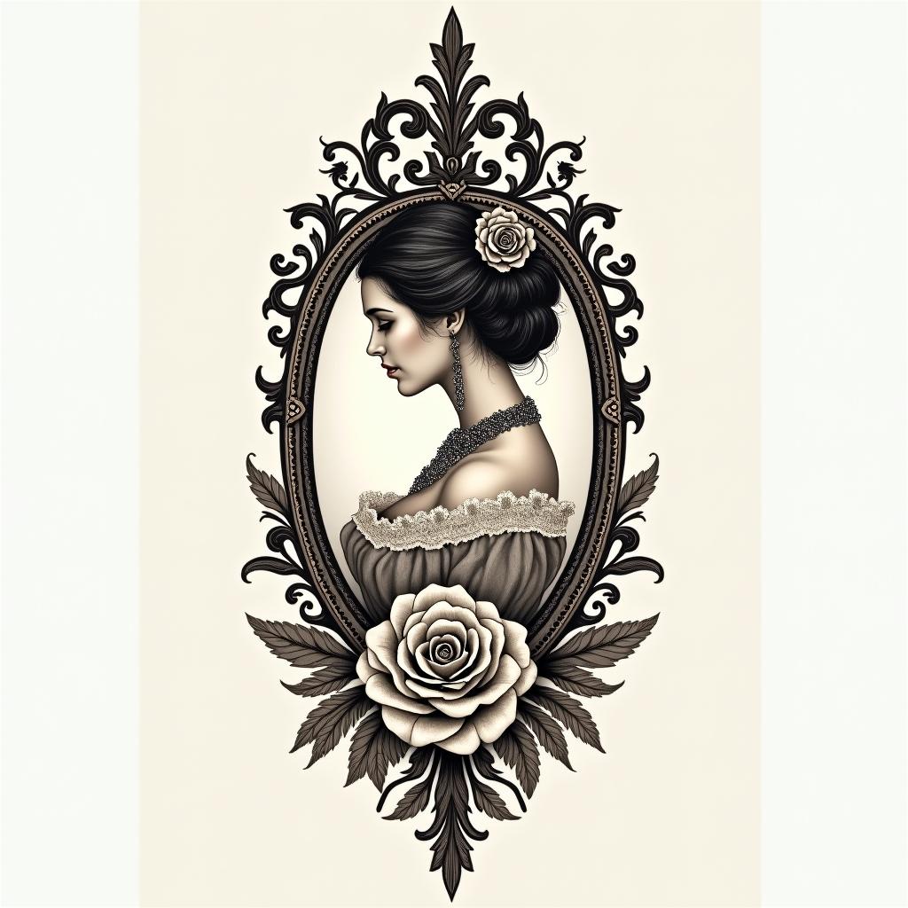 Michelle Leo Albuquerque New Mexicoin victorian style tattoo, featuring vintage and elegant elements, ornate frames, roses, antique, sepia-toned color scheme - Variation 3
