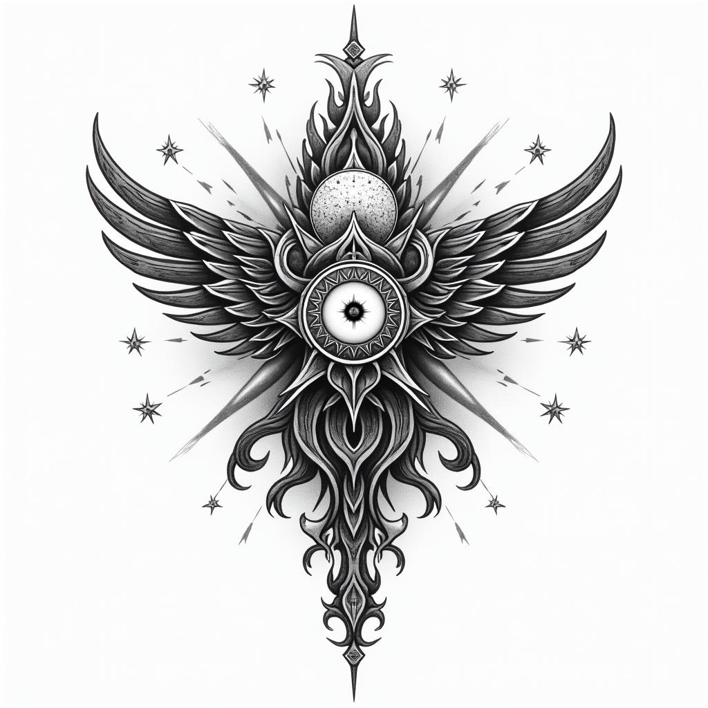 Fire departmentin prophecy tattoo style, featuring mystical symbols, celestial imagery like stars, moons, suns, geometric patterns, foretelling elements, an eye of wisdom - Variation 4