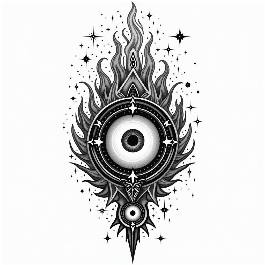 Fire departmentin prophecy tattoo style, featuring mystical symbols, celestial imagery like stars, moons, suns, geometric patterns, foretelling elements, an eye of wisdom - Variation 3