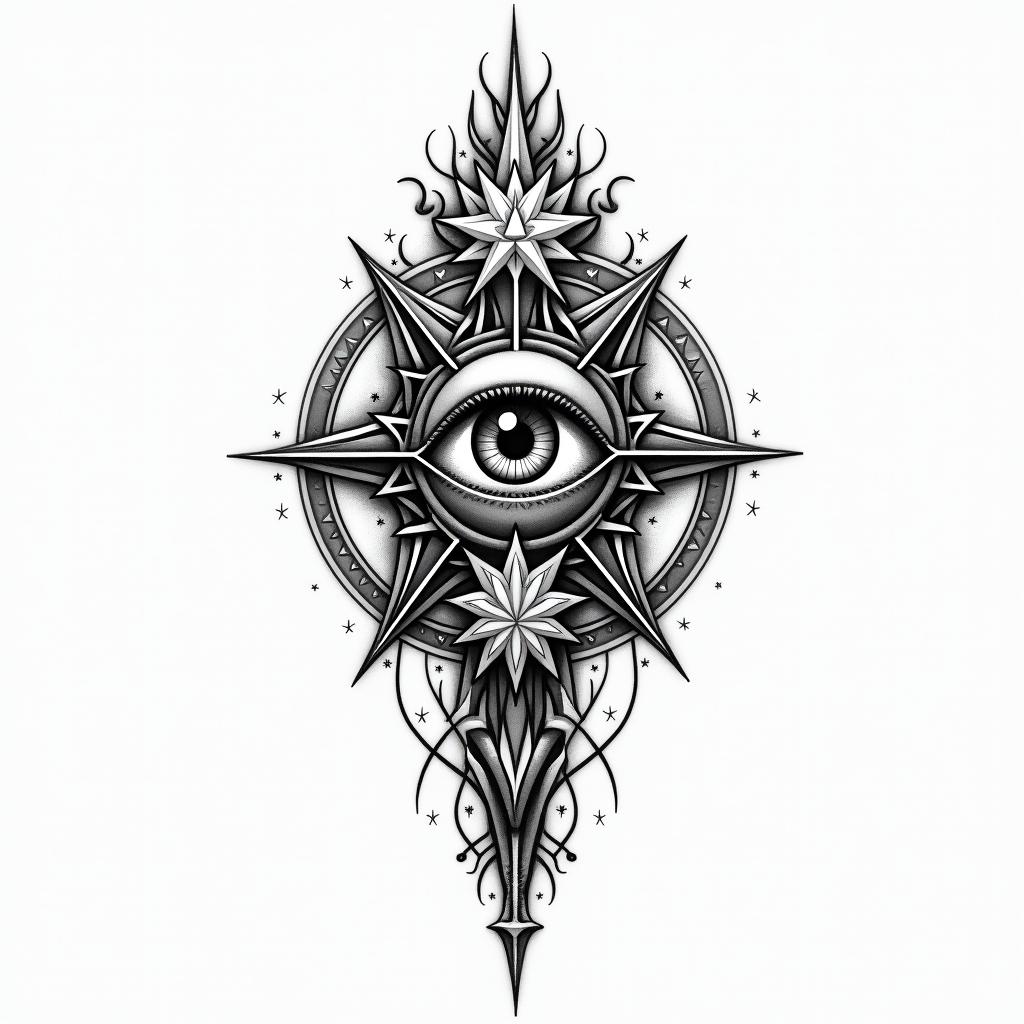 Fire departmentin prophecy tattoo style, featuring mystical symbols, celestial imagery like stars, moons, suns, geometric patterns, foretelling elements, an eye of wisdom - Variation 2