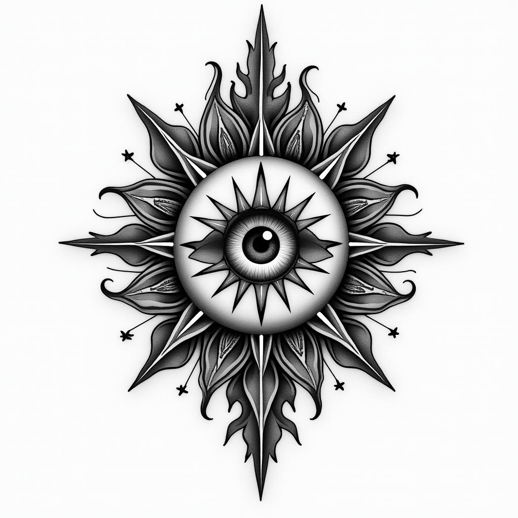 Fire departmentin prophecy tattoo style, featuring mystical symbols, celestial imagery like stars, moons, suns, geometric patterns, foretelling elements, an eye of wisdom