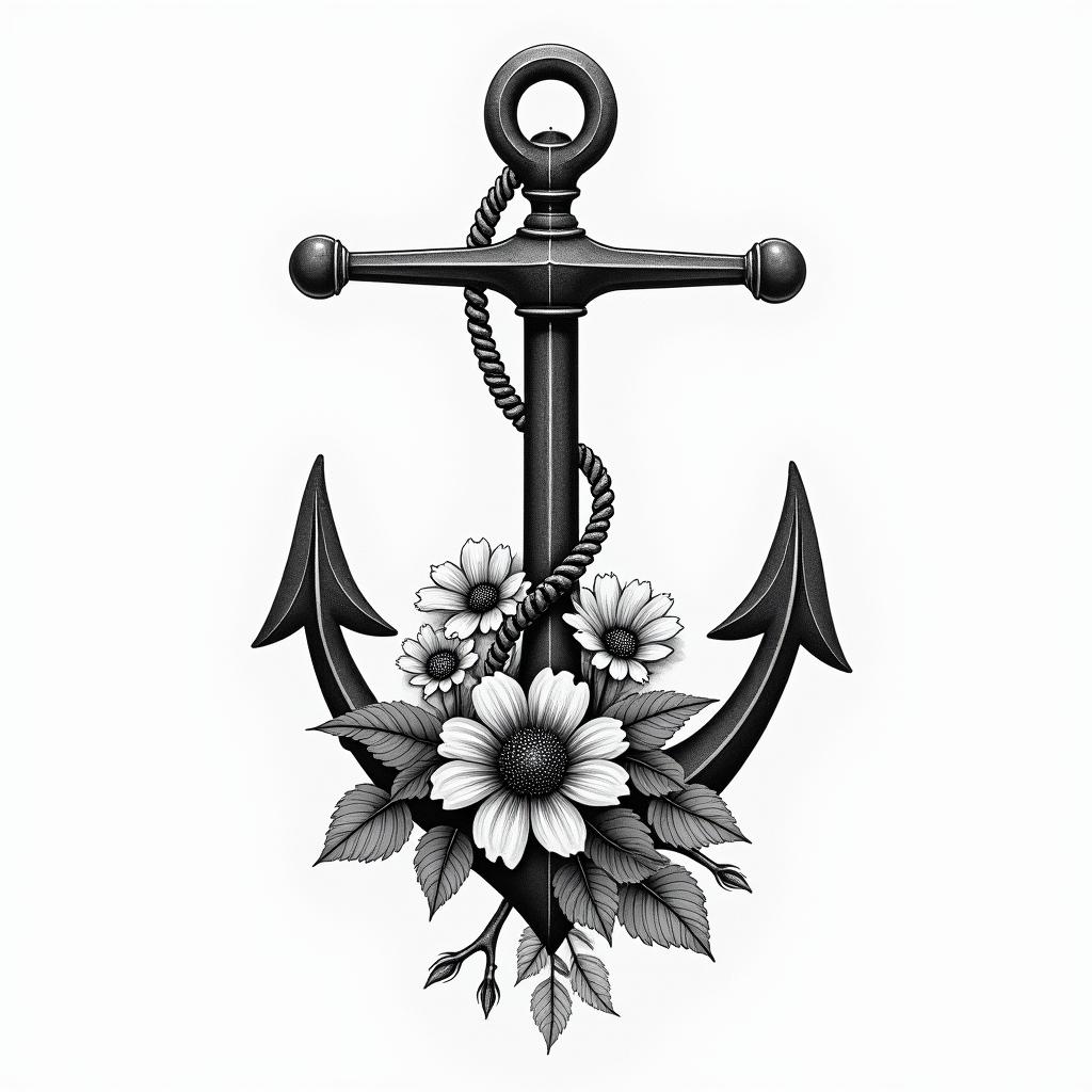 Traditonal anchor and petuniasin bohemian style tattoo, 8k - Variation 4