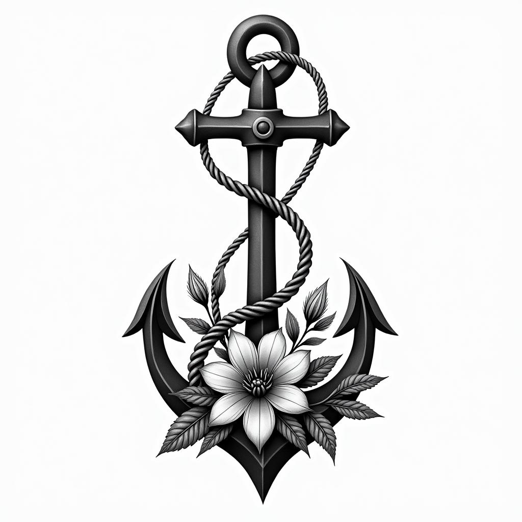 Traditonal anchor and petuniasin bohemian style tattoo, 8k - Variation 2