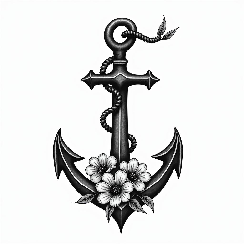 Traditonal anchor and petuniasin bohemian style tattoo, 8k - Variation 3