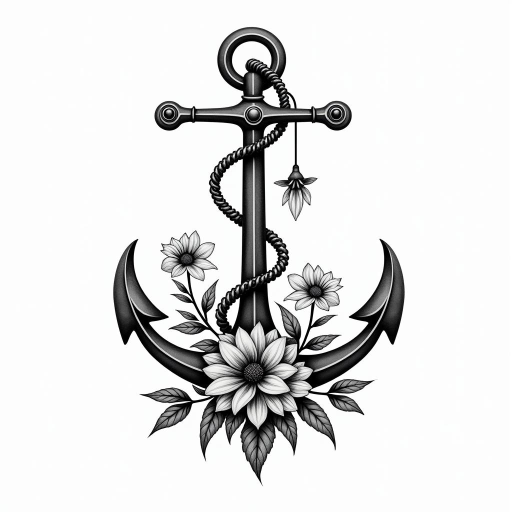 Traditonal anchor and petuniasin bohemian style tattoo, 8k