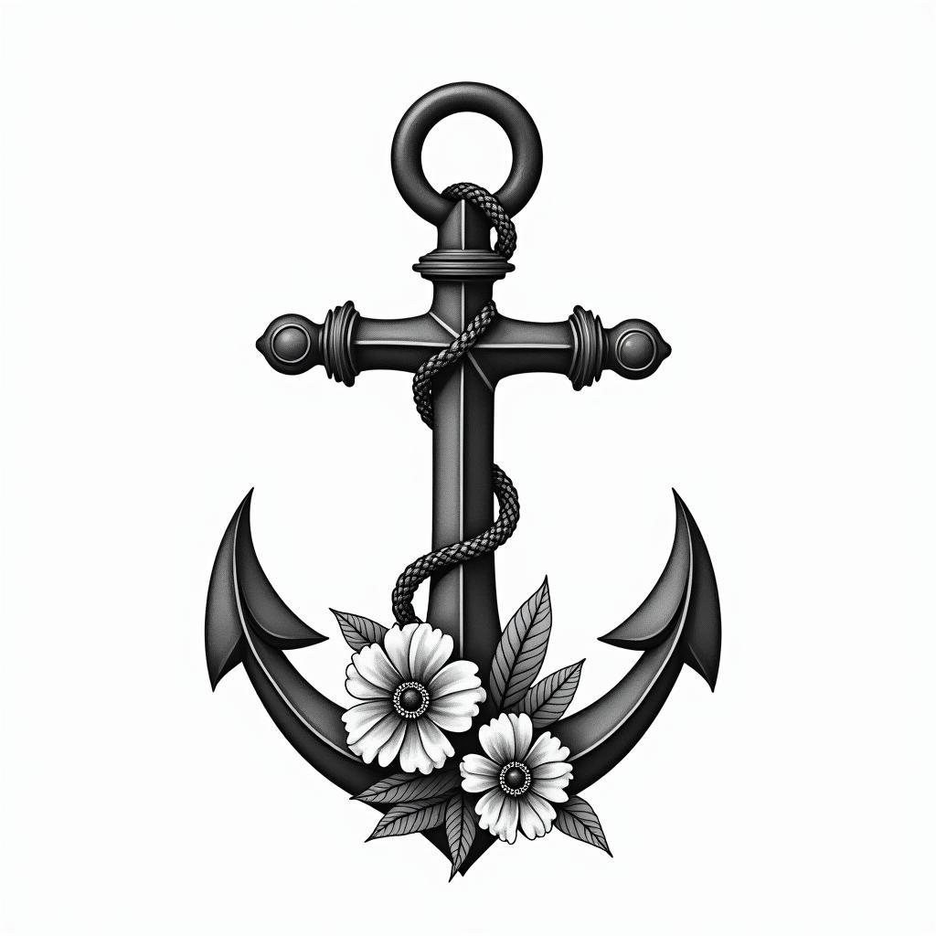 Traditonal anchor and petuniasin new school tattoo, pop culture, modern, detailed tattoo, illustrative - Variation 2