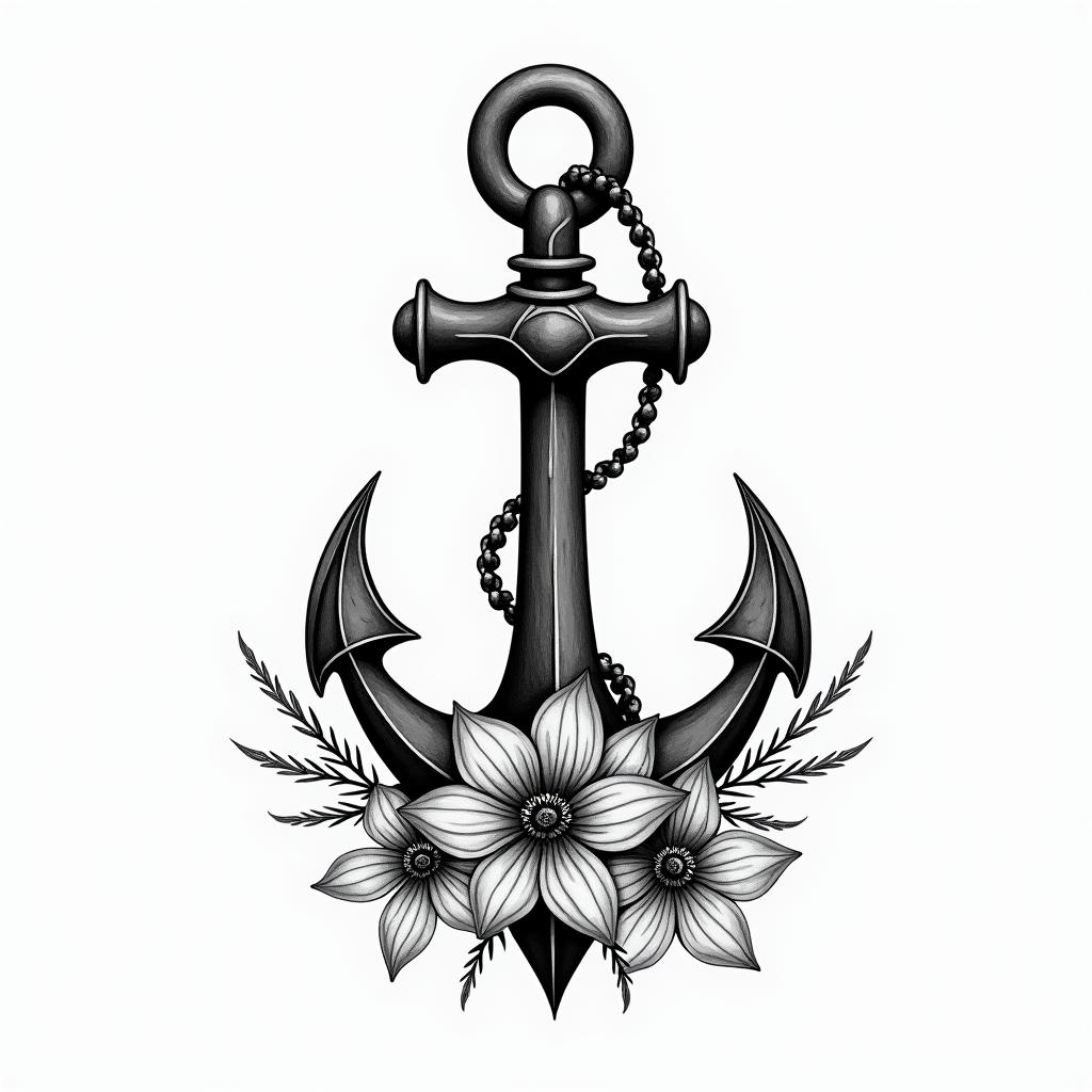 Traditonal anchor and petuniasin new school tattoo, pop culture, modern, detailed tattoo, illustrative