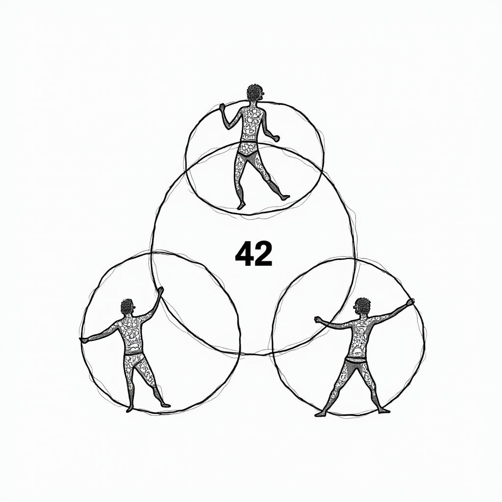 Three circles intersecting in a triangular shape, in the middle is the number 42. In the first circle it says: "Life" with an image of a DNA double helix, in the second circle it says: "Universe" with an image of the Aquarius zodiac sign as a background suggestion. In the third circle it says: "...and everything else", with only drawn images of a petunia in a pot and a blue whale.abstract dancing figures in Keith Haring style, featuring bold black outlines and solid color fills, figures posed in dynamic and playful dance movements, minimalist design - Variation 3