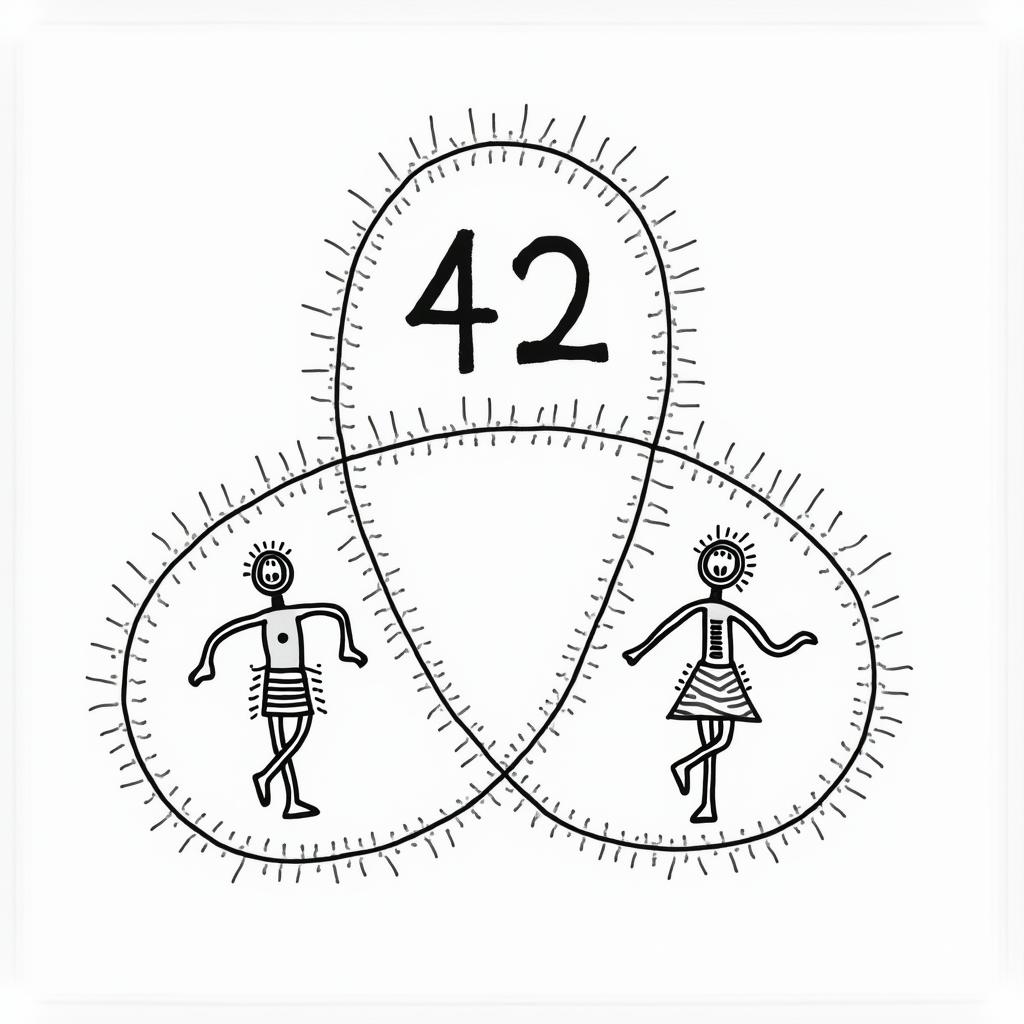 Three circles intersecting in a triangular shape, in the middle is the number 42. In the first circle it says: "Life" with an image of a DNA double helix, in the second circle it says: "Universe" with an image of the Aquarius zodiac sign as a background suggestion. In the third circle it says: "...and everything else", with only drawn images of a petunia in a pot and a blue whale.abstract dancing figures in Keith Haring style, featuring bold black outlines and solid color fills, figures posed in dynamic and playful dance movements, minimalist design