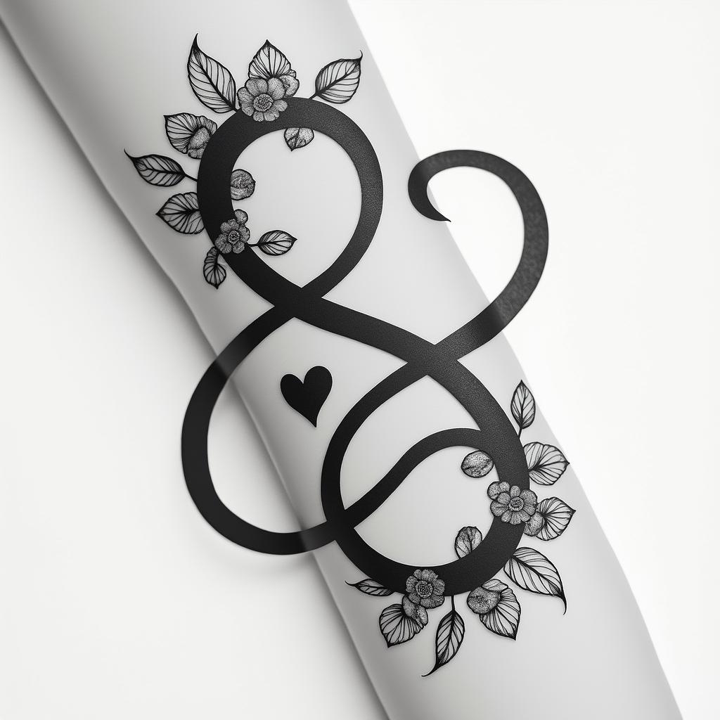 Jerri David Infinity Signin elegant cursive calligraphy style 2d tattoo, decorate with roses, featuring a smooth and flowing handwritten script with slightly thickened strokes for a luxurious and bold appearance, heart symbol between names, sleek and glossy black text with shadowing, minimalist matte white background, clean and sharp edges, illuminated with soft lighting, romantic, 8k, high-quality textures with refined typography - Variation 1
