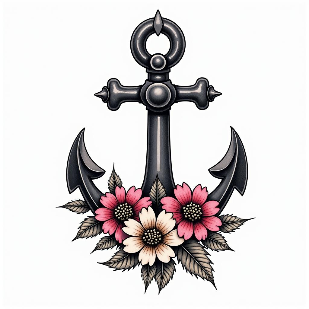 Traditonal anchor and petunias all colorin new school tattoo, pop culture, modern, detailed tattoo, illustrative - Variation 4
