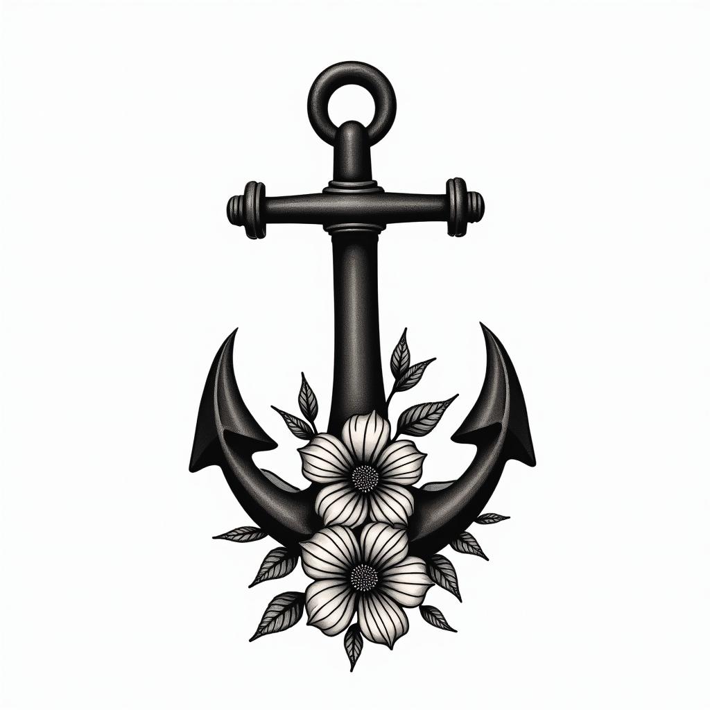 Traditonal anchor and petunias all colorin new school tattoo, pop culture, modern, detailed tattoo, illustrative