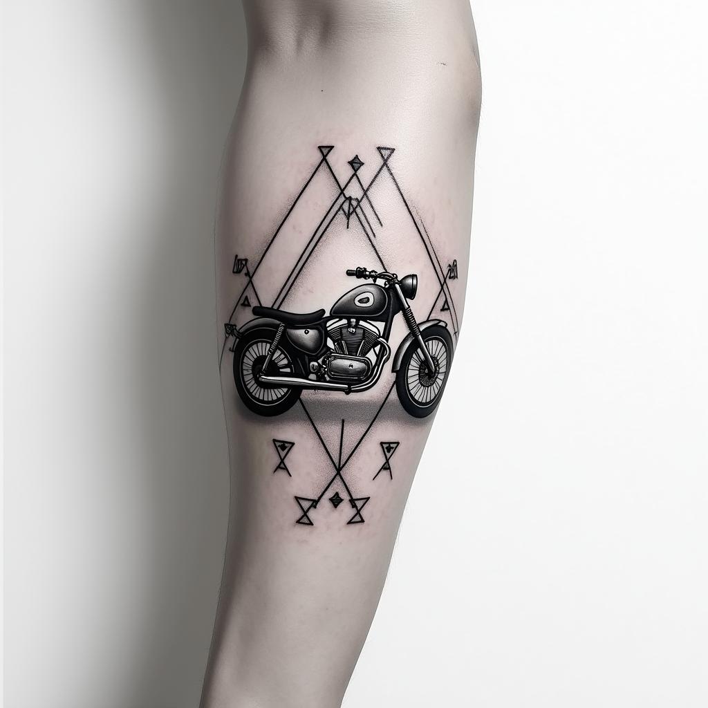 A tattoo on the forearm that connects with another tattoo on the back of the bicep and spills onto the back at the shoulder level. It should refer to the transmission of values, the passing of time, and also to a life that we devour without fear of putting ourselves in danger. With a nod to motorcycles for their rock and freedom aspect. But also to parachuting for the adrenaline factor. The values of courage, strength, justice, love, and humanity should be reflected. Perhaps starting on the forearm with the names of my children Eva and Raphaël in a Lusitanian style. Also add Elysa symbolizing a fleeting angel.in minimalist style tattoo, featuring simple shapes and fine lines, with minimal shading and details, tiny triangles, creating a sense of balance and harmony - Variation 3