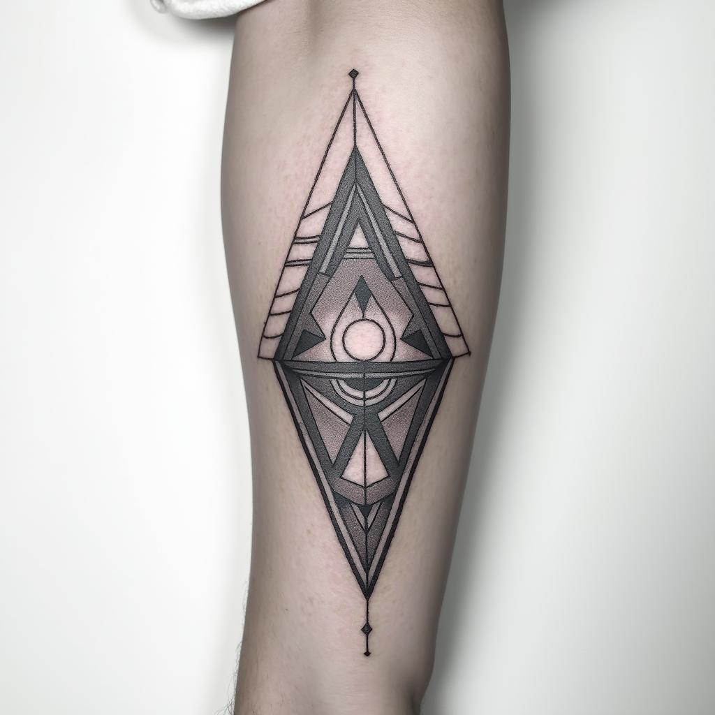 A tattoo on the forearm that connects with another tattoo on the back of the bicep and spills onto the back at the shoulder level. It should refer to the transmission of values, the passing of time, and also to a life that we devour without fear of putting ourselves in danger. With a nod to motorcycles for their rock and freedom aspect. But also to parachuting for the adrenaline factor. The values of courage, strength, justice, love, and humanity should be reflected. Perhaps starting on the forearm with the names of my children Eva and Raphaël in a Lusitanian style. Also add Elysa symbolizing a fleeting angel.in minimalist style tattoo, featuring simple shapes and fine lines, with minimal shading and details, tiny triangles, creating a sense of balance and harmony - Variation 4
