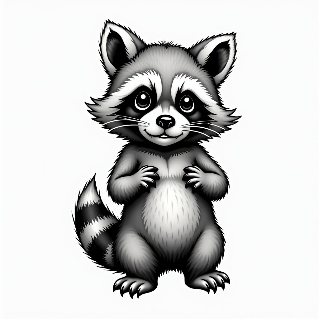 Kewpie dressed as a raccoonin authentic tattoo style, incorporating traditional modifications, bold black outlines, solid color fills, featuring classic authentic elements