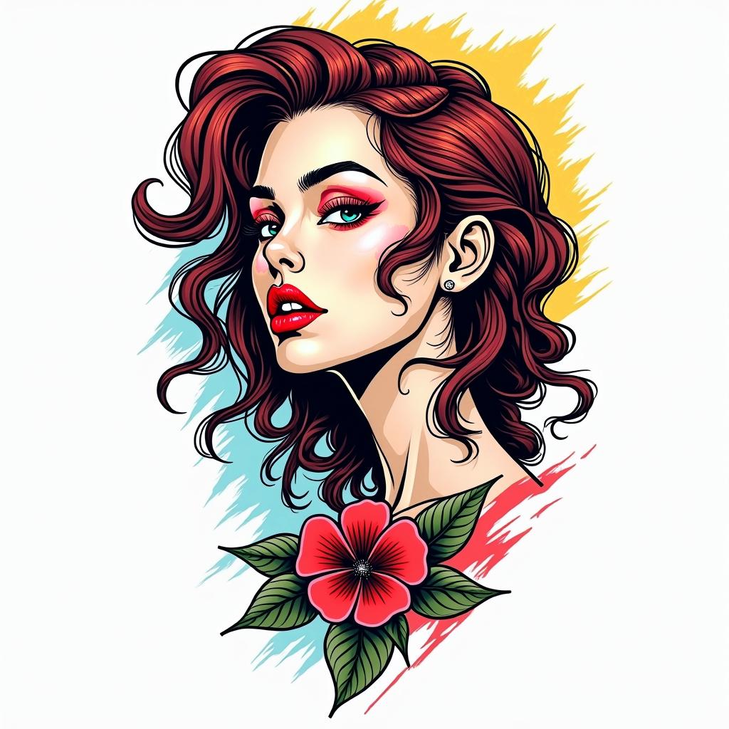 Zayne, Virgo, Birminghamin pop art style tattoo, featuring bold and vibrant colors, exaggerated outlines, iconic imagery, inspired by comic books and speech bubbles, comic book characters, retro pop culture