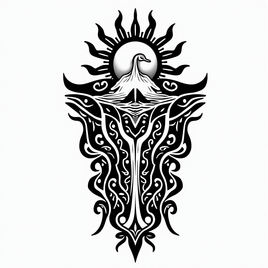 PNW, waterfall, sun, orca,in tribal tattoo style, featuring bold and black geometric shapes, curved lines, intertwine and flow seamlessly, creating a powerful and symbolic design, polynesian and maori styles - Variation 8