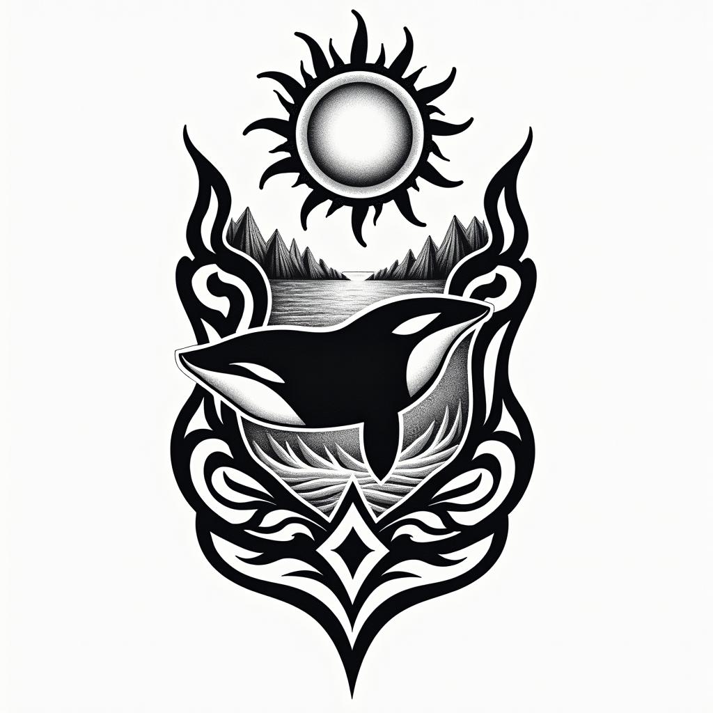 PNW, waterfall, sun, orca,in tribal tattoo style, featuring bold and black geometric shapes, curved lines, intertwine and flow seamlessly, creating a powerful and symbolic design, polynesian and maori styles - Variation 6
