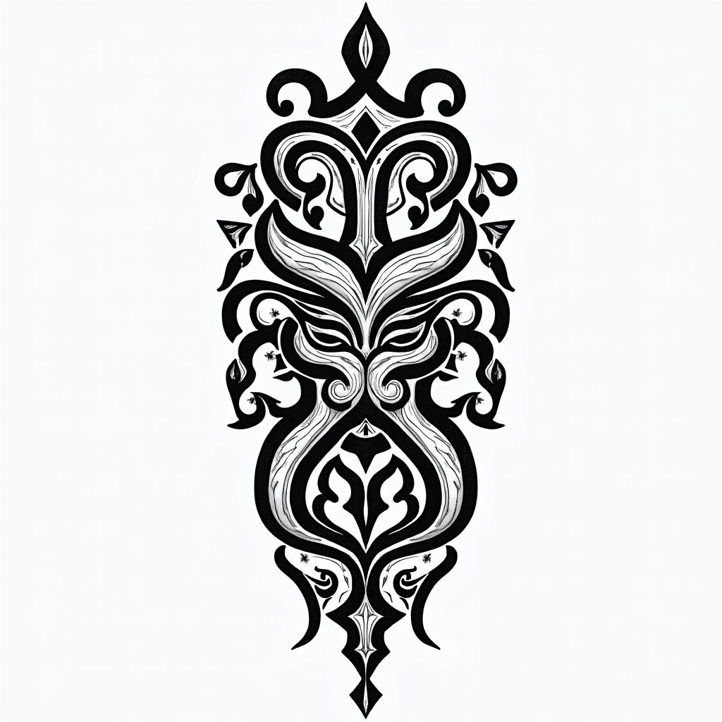 Michelle, Leo, Albuquerque New Mexicoin tribal tattoo style, featuring bold and black geometric shapes, curved lines, intertwine and flow seamlessly, creating a powerful and symbolic design, polynesian and maori styles - Variation 4