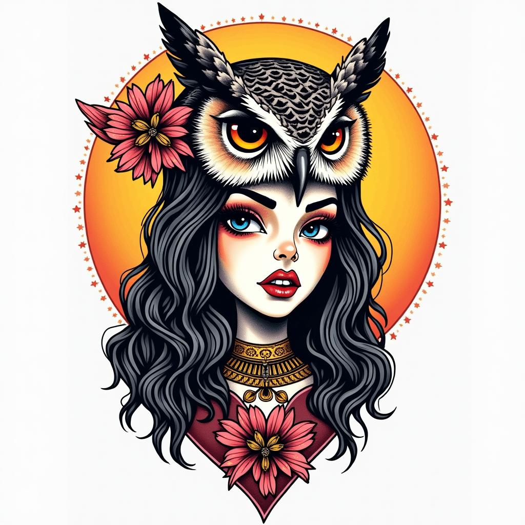 Princess with owl headdressin pop art style tattoo, featuring bold and vibrant colors, exaggerated outlines, iconic imagery, inspired by comic books and speech bubbles, comic book characters, retro pop culture - Variation 4