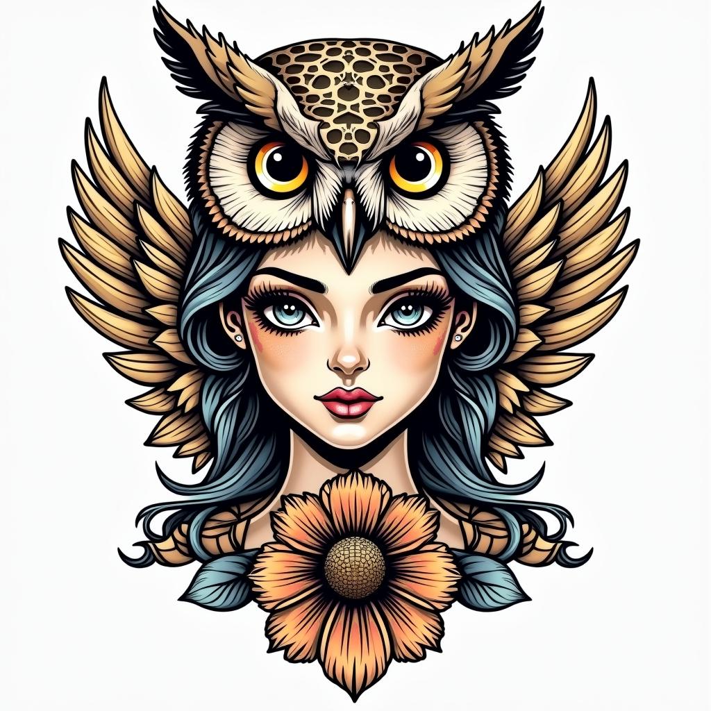 Princess with owl headdressin pop art style tattoo, featuring bold and vibrant colors, exaggerated outlines, iconic imagery, inspired by comic books and speech bubbles, comic book characters, retro pop culture - Variation 3