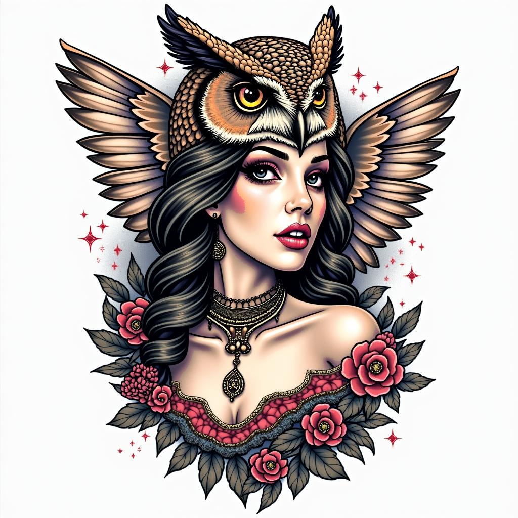 Princess with owl headdressin pop art style tattoo, featuring bold and vibrant colors, exaggerated outlines, iconic imagery, inspired by comic books and speech bubbles, comic book characters, retro pop culture - Variation 2