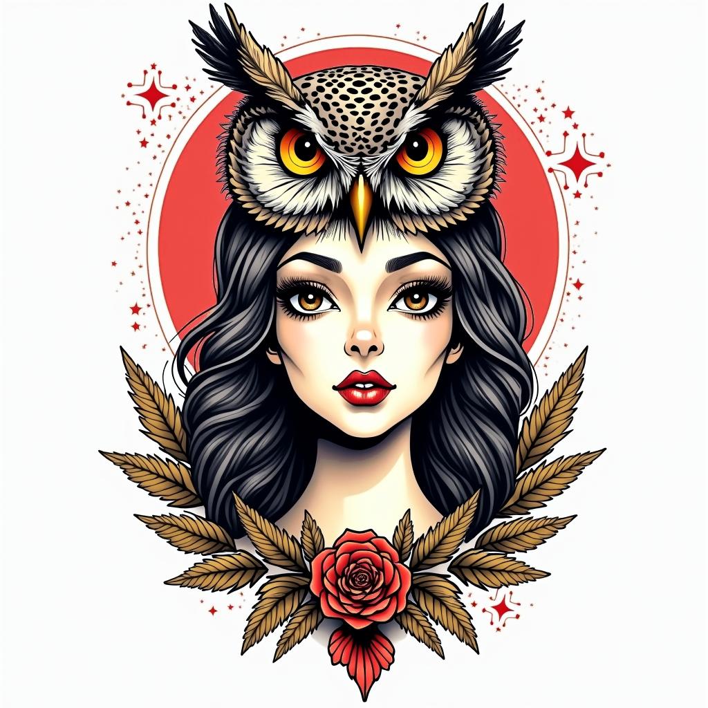 Princess with owl headdressin pop art style tattoo, featuring bold and vibrant colors, exaggerated outlines, iconic imagery, inspired by comic books and speech bubbles, comic book characters, retro pop culture