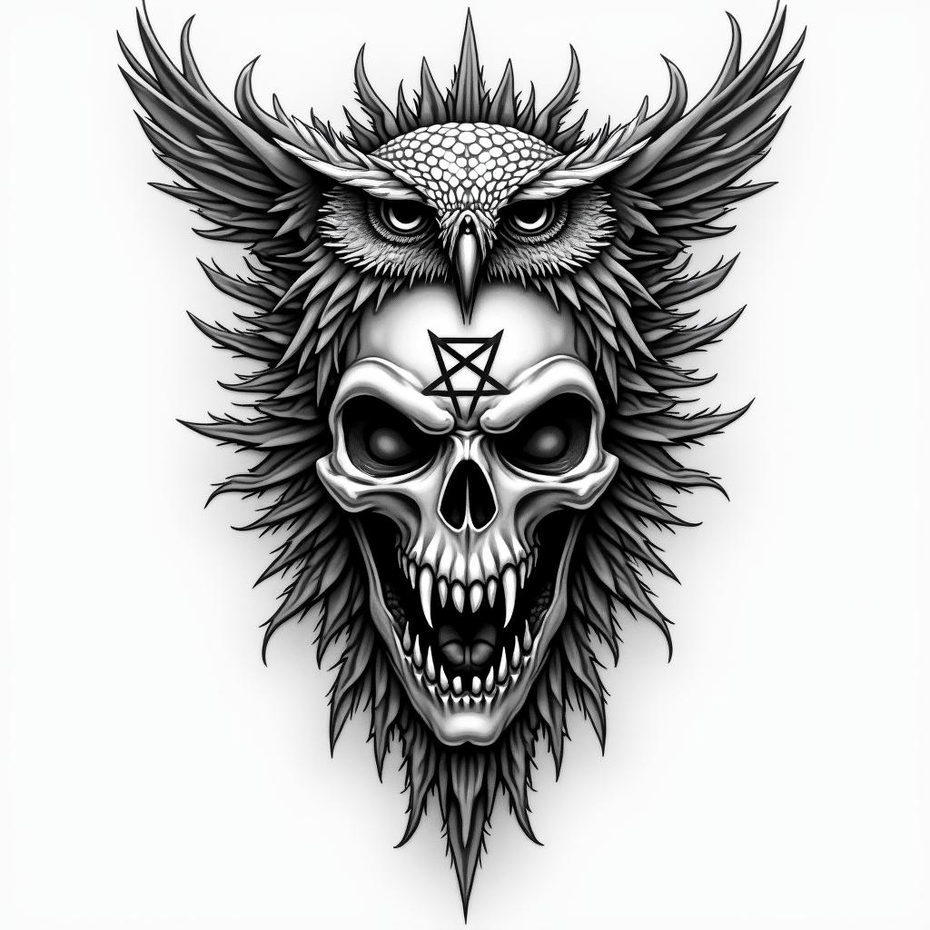 Princess with owl headdresscreepy horror tattoo style, featuring an eerie and unsettling skull of a demonic creature, distorted face with sharp fangs, add pentagram symbol - Variation 2