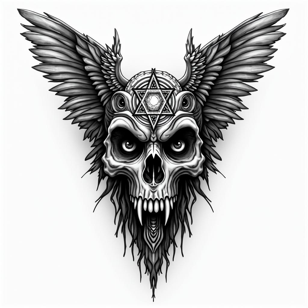 Princess with owl headdresscreepy horror tattoo style, featuring an eerie and unsettling skull of a demonic creature, distorted face with sharp fangs, add pentagram symbol