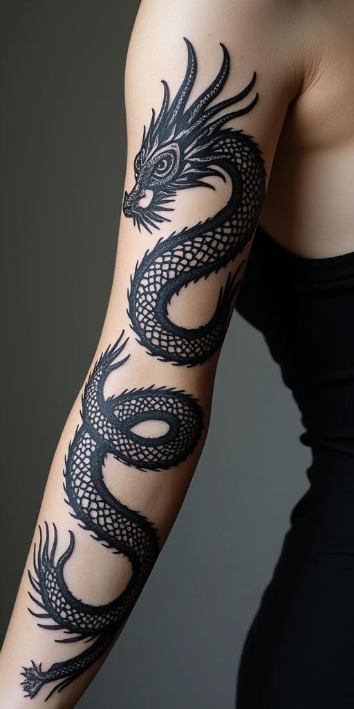 Majestic dragon coiled around a swordin tribal tattoo style, featuring bold and black geometric shapes, curved lines, intertwine and flow seamlessly, creating a powerful and symbolic design, polynesian and maori styles - Variation 2