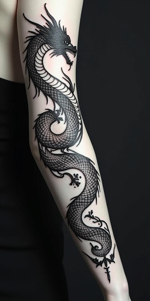 Majestic dragon coiled around a swordin tribal tattoo style, featuring bold and black geometric shapes, curved lines, intertwine and flow seamlessly, creating a powerful and symbolic design, polynesian and maori styles