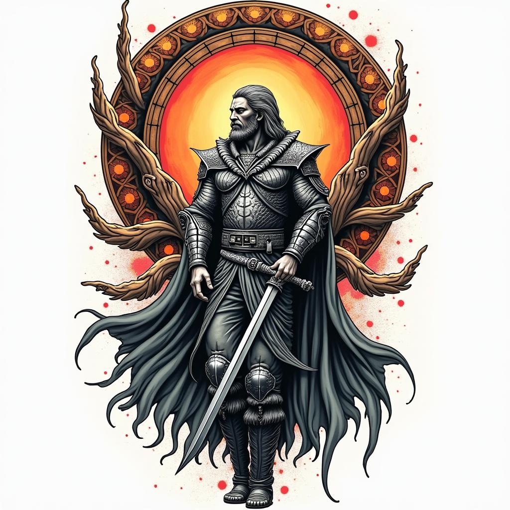 Lord of the Rings Gondor tattooin pop art style tattoo, featuring bold and vibrant colors, exaggerated outlines, iconic imagery, inspired by comic books and speech bubbles, comic book characters, retro pop culture