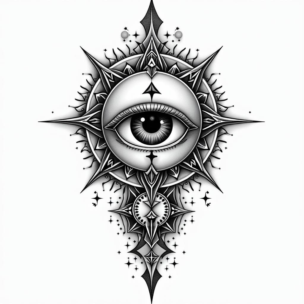 Michelle, Leo, Albuquerque New Mexicoin prophecy tattoo style, featuring mystical symbols, celestial imagery like stars, moons, suns, geometric patterns, foretelling elements, an eye of wisdom