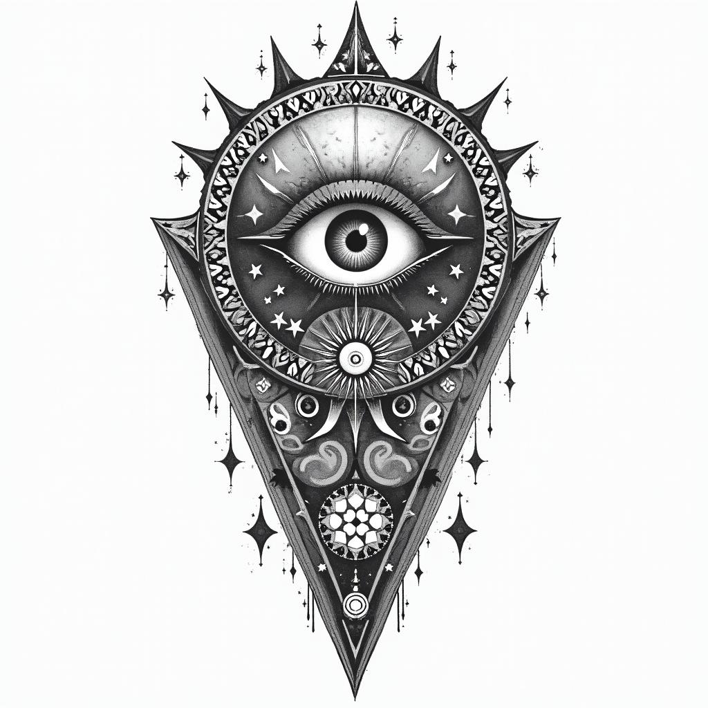 Michelle, Leo, Albuquerque New Mexicoin prophecy tattoo style, featuring mystical symbols, celestial imagery like stars, moons, suns, geometric patterns, foretelling elements, an eye of wisdom - Variation 3