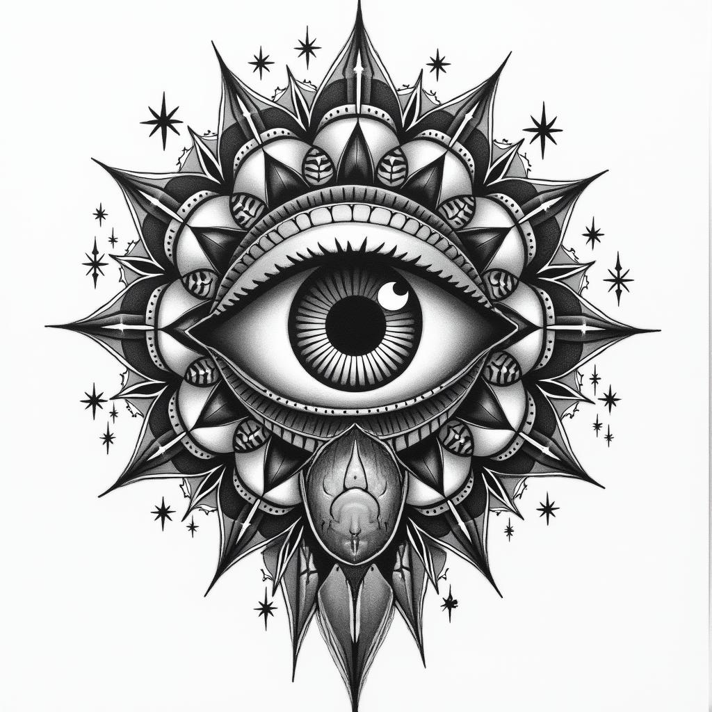 Michelle, Leo, Albuquerque New Mexicoin prophecy tattoo style, featuring mystical symbols, celestial imagery like stars, moons, suns, geometric patterns, foretelling elements, an eye of wisdom - Variation 4