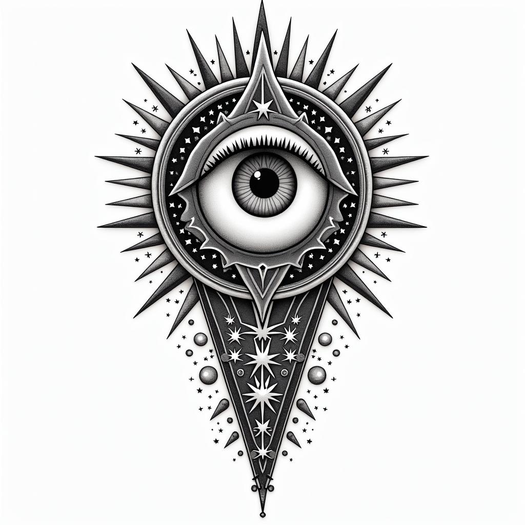 Michelle, Leo, Albuquerque New Mexicoin prophecy tattoo style, featuring mystical symbols, celestial imagery like stars, moons, suns, geometric patterns, foretelling elements, an eye of wisdom - Variation 2