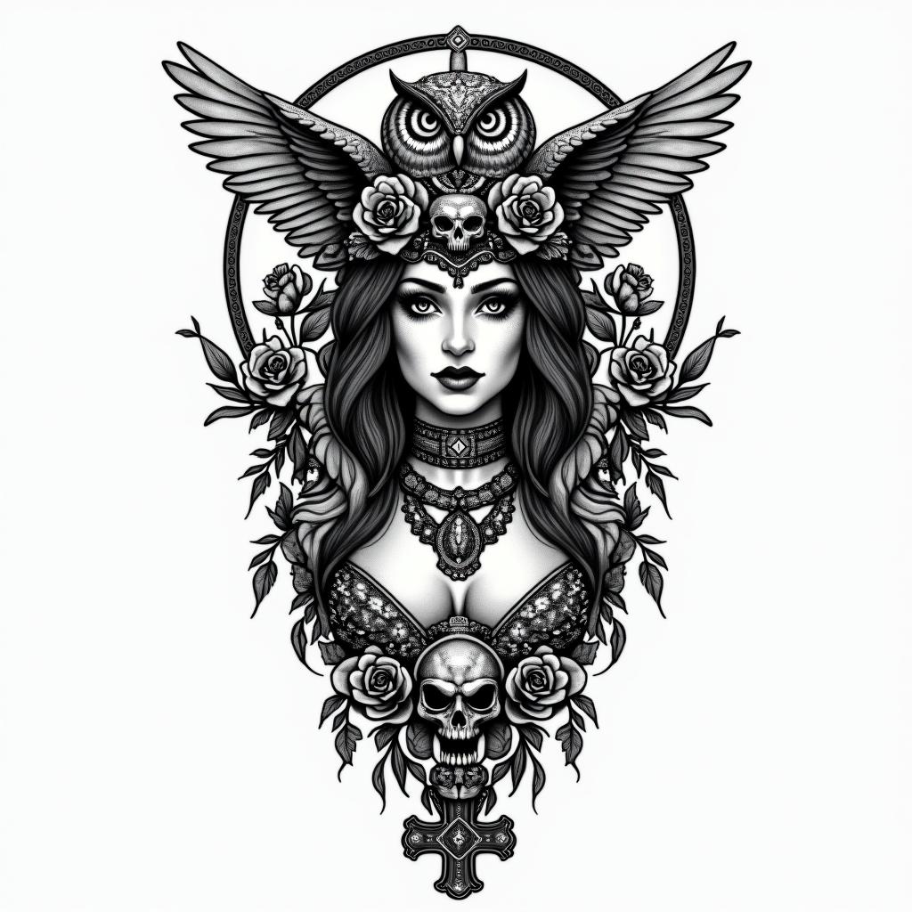 Princess with owl headdressin chicano style tattoo, featuring intricate black and grey shading, bold elements of traditional chicano culture symbols, add a big cross with skull, chains and roses