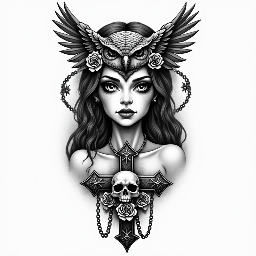 Princess with owl headdressin chicano style tattoo, featuring intricate black and grey shading, bold elements of traditional chicano culture symbols, add a big cross with skull, chains and roses - Variation 2