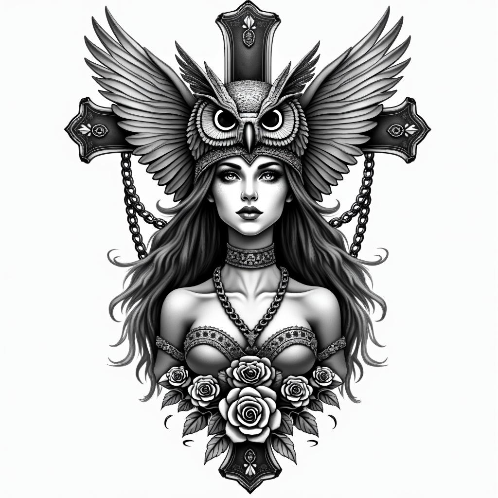 Princess with owl headdressin chicano style tattoo, featuring intricate black and grey shading, bold elements of traditional chicano culture symbols, add a big cross with skull, chains and roses - Variation 4
