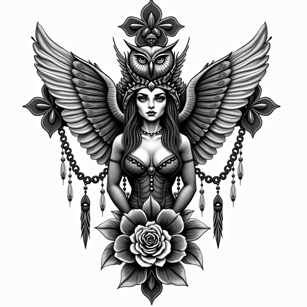 Princess with owl headdressin chicano style tattoo, featuring intricate black and grey shading, bold elements of traditional chicano culture symbols, add a big cross with skull, chains and roses - Variation 3