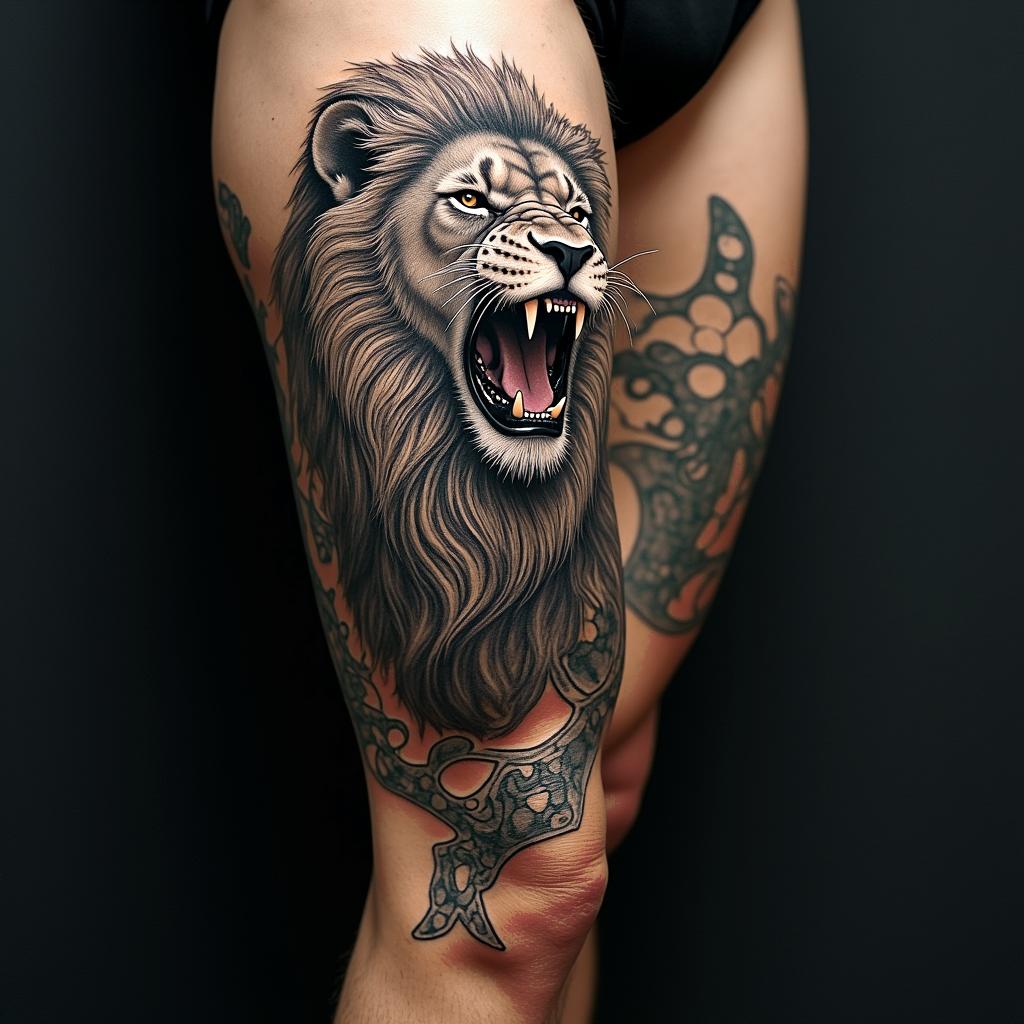 Roaring lion with a flowing manetattoo in biomechanic style, the tattoo covered by robotic elements of futuristic cyberpunk design, robotic features detail, showcasing intricate mechanical components - Variation 5