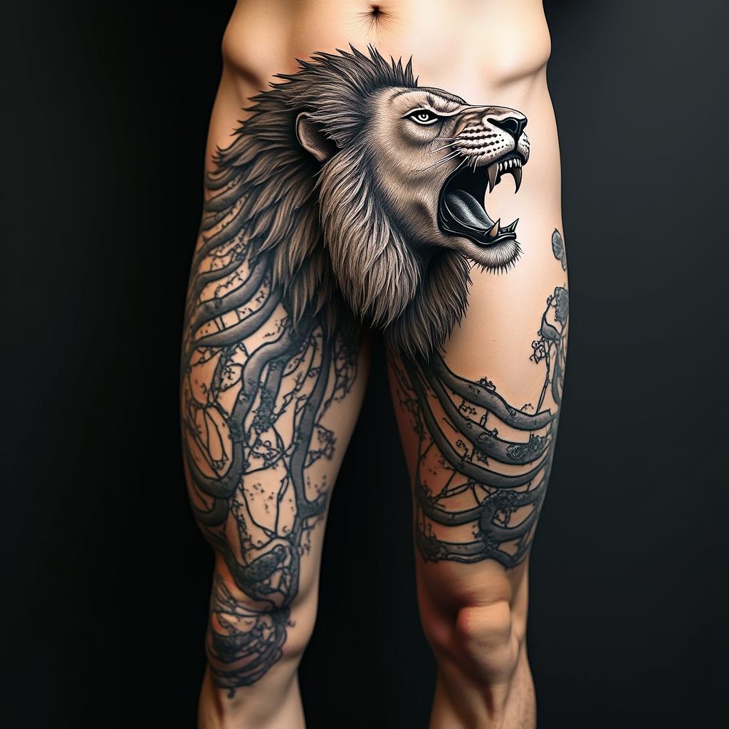 Roaring lion with a flowing manetattoo in biomechanic style, the tattoo covered by robotic elements of futuristic cyberpunk design, robotic features detail, showcasing intricate mechanical components - Variation 7