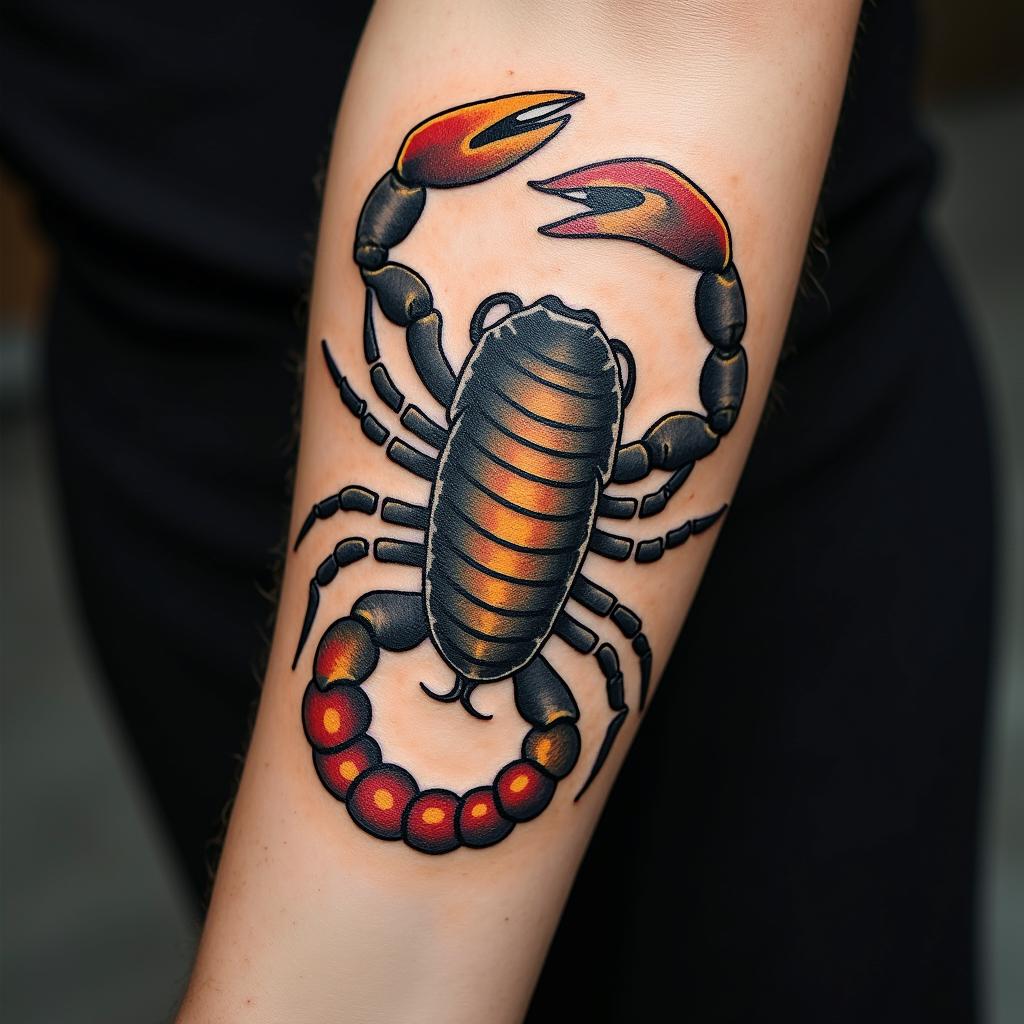 I would like an image of a woman intertwined with a scorpion.in pop art style tattoo, featuring bold and vibrant colors, exaggerated outlines, iconic imagery, inspired by comic books and speech bubbles, comic book characters, retro pop culture - Variation 2