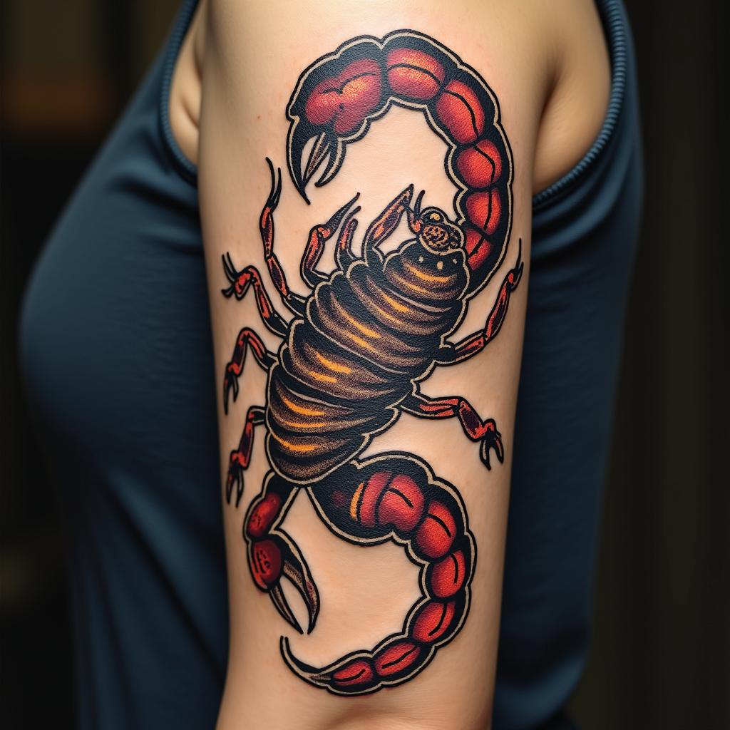 I would like an image of a woman intertwined with a scorpion.in pop art style tattoo, featuring bold and vibrant colors, exaggerated outlines, iconic imagery, inspired by comic books and speech bubbles, comic book characters, retro pop culture - Variation 4