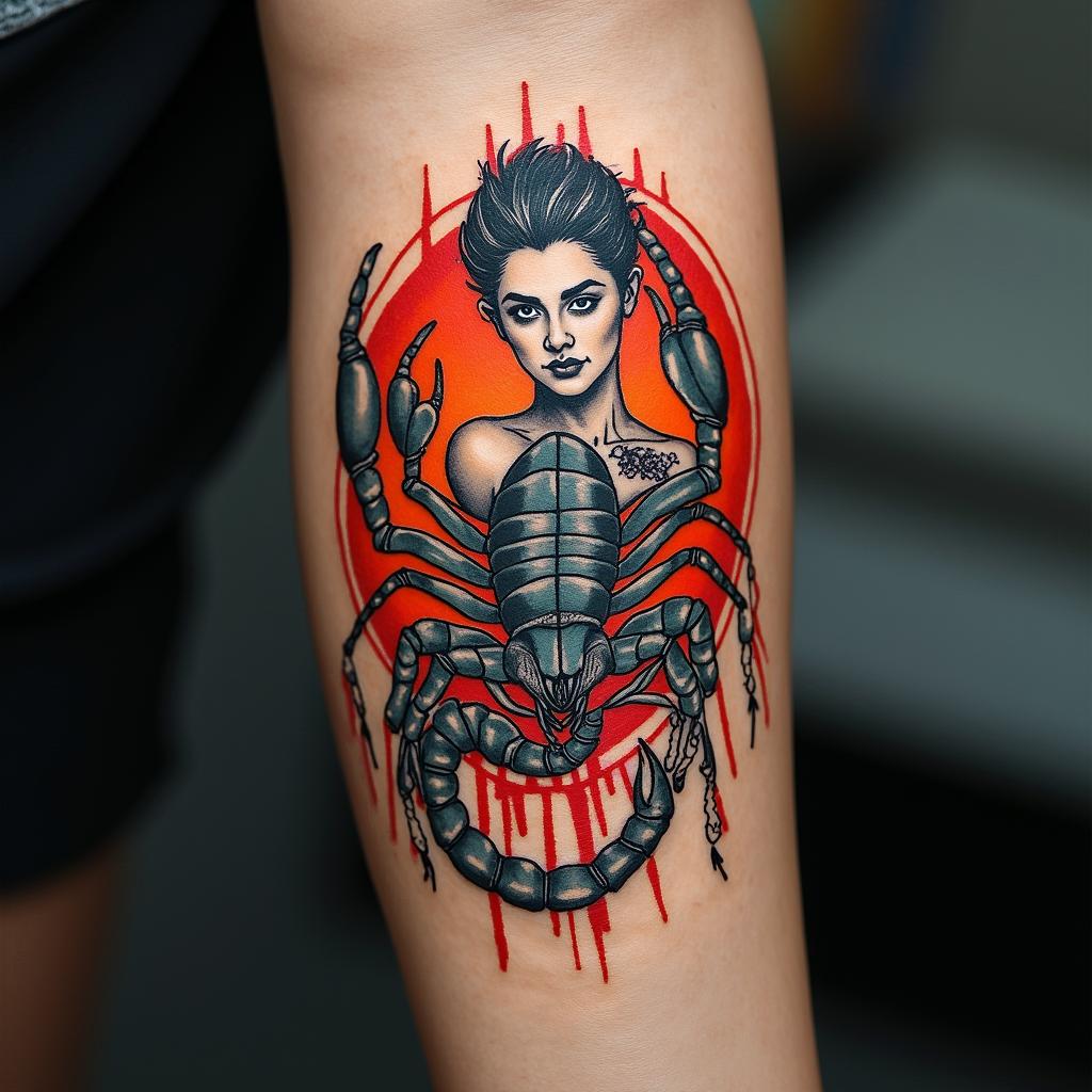 I would like an image of a woman intertwined with a scorpion.in pop art style tattoo, featuring bold and vibrant colors, exaggerated outlines, iconic imagery, inspired by comic books and speech bubbles, comic book characters, retro pop culture - Variation 3