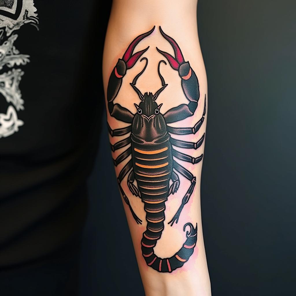 I would like an image of a woman intertwined with a scorpion.in pop art style tattoo, featuring bold and vibrant colors, exaggerated outlines, iconic imagery, inspired by comic books and speech bubbles, comic book characters, retro pop culture