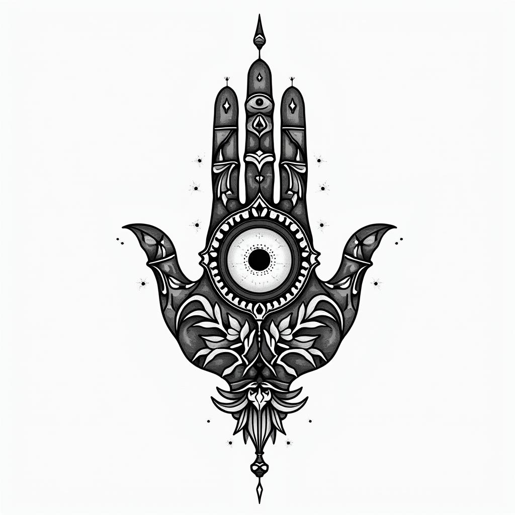 Laëticia, balance, Denainin spiritual symbols tattoo style, featuring an intricate design incorporating elements, Hamsa hand, third eye, minimalist composition - Variation 2