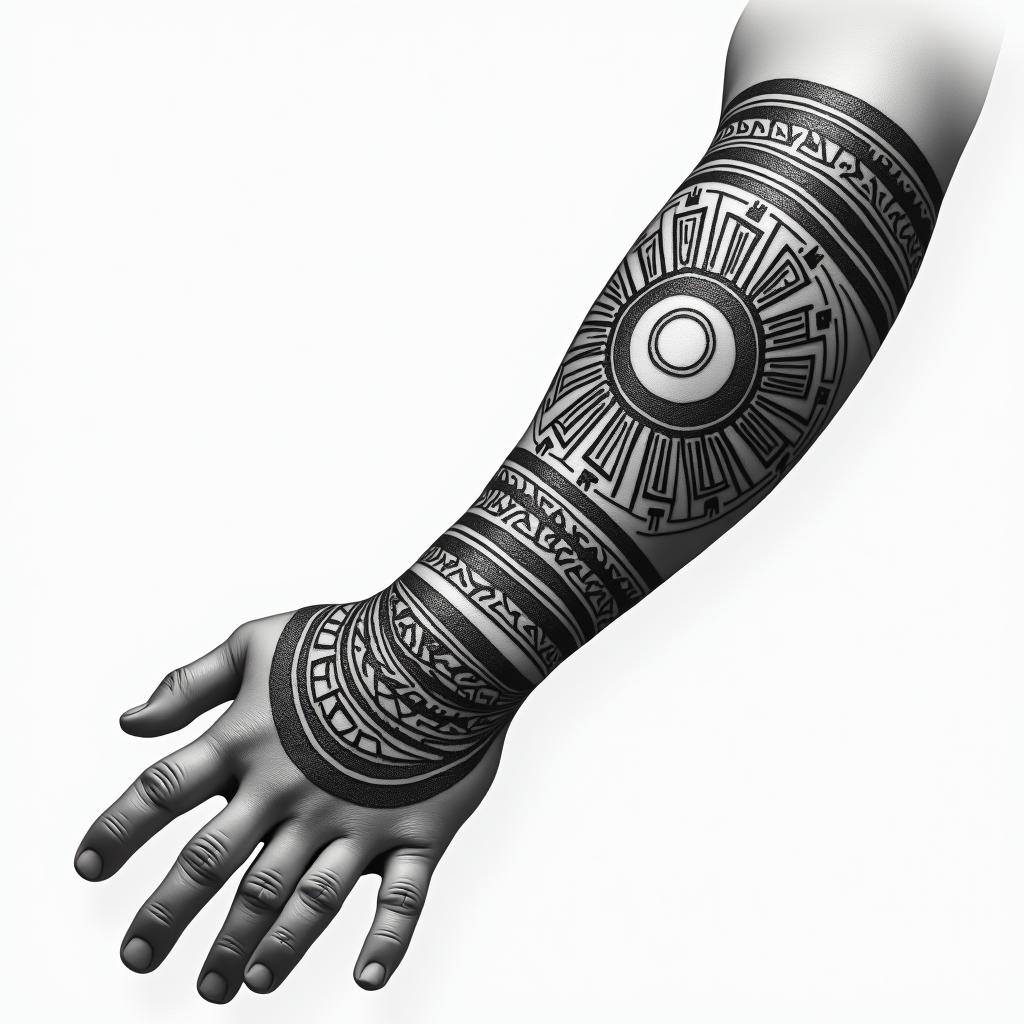 A wide Aztec wristband tattoo featuring geometric designs, incorporating the powerful symbol of the sun, inspired by Aztec culture and history, in black and grey tones.higly detailed tattoo - Variation 3