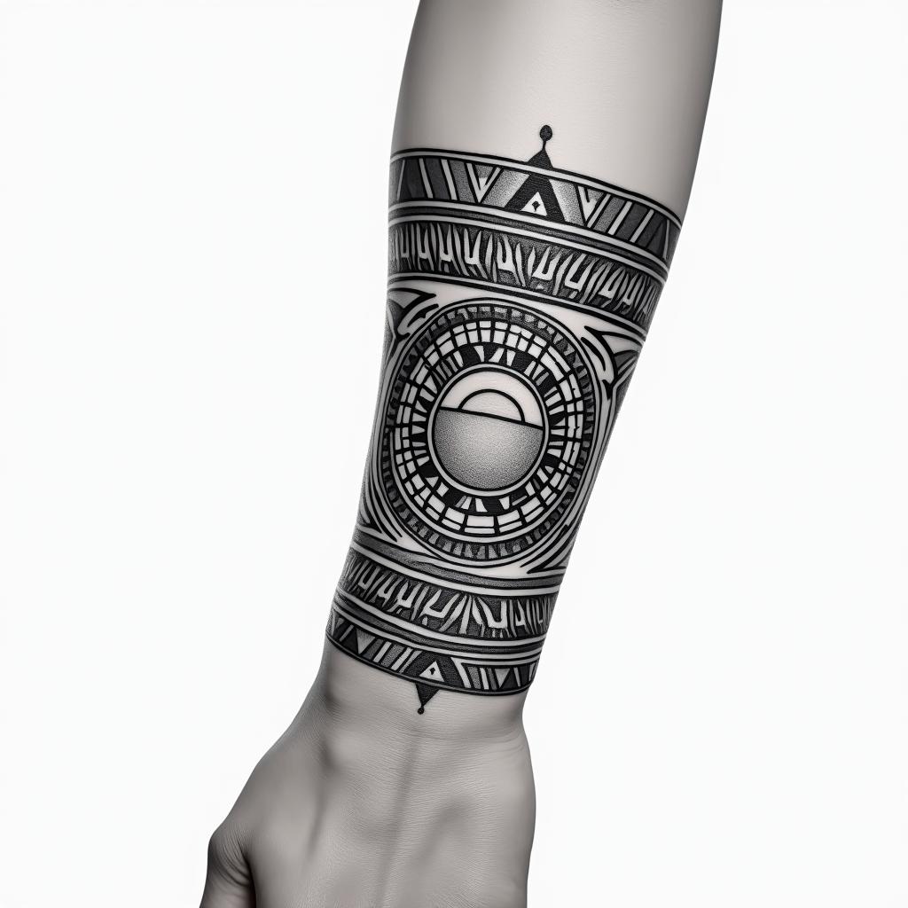A wide Aztec wristband tattoo featuring geometric designs, incorporating the powerful symbol of the sun, inspired by Aztec culture and history, in black and grey tones.higly detailed tattoo - Variation 4
